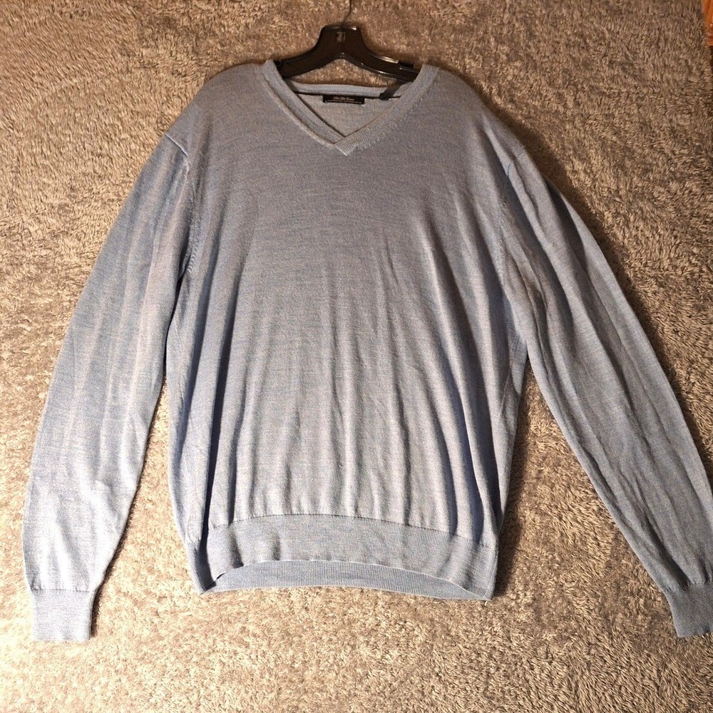 Saks Fifth Avenue Mens Blue V-Neck Fine Merino Wool Long Sleeve Sweater XL Fall